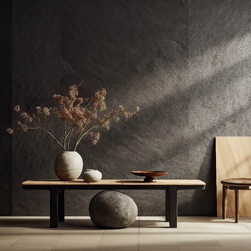 Graue Tapete und ein schwarzer Beistelltisch in einer minimalistischen Einrichtungskomposition