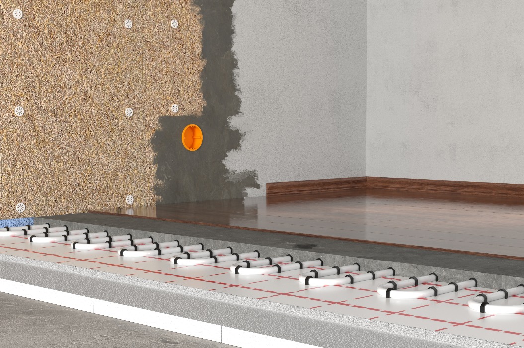 technische Darstellung eines Trockenbau mit Innendämmung, Fußbodendämmung und Fußbodenheizung im Schnitt Ansicht 1